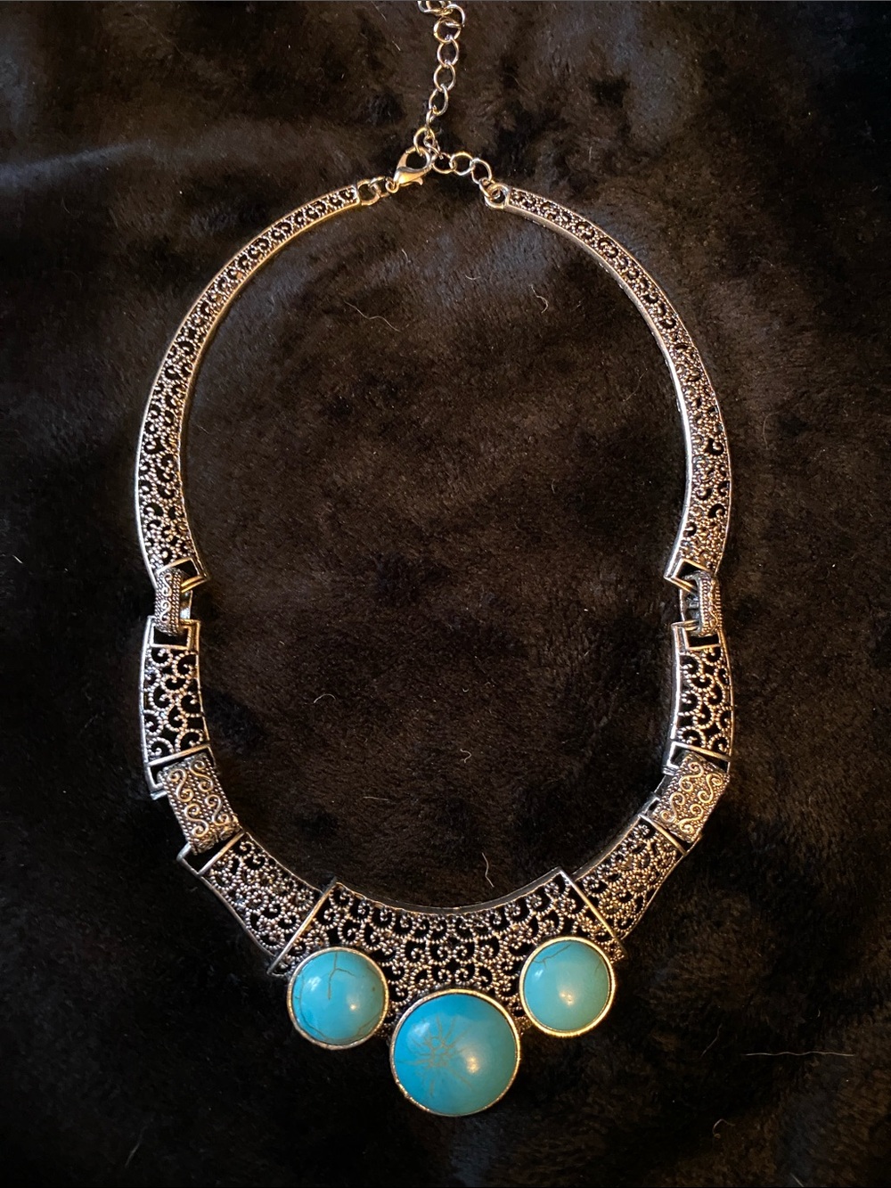 Southwestern Style Turquoise Cabochons Silver Statement Bib necklace